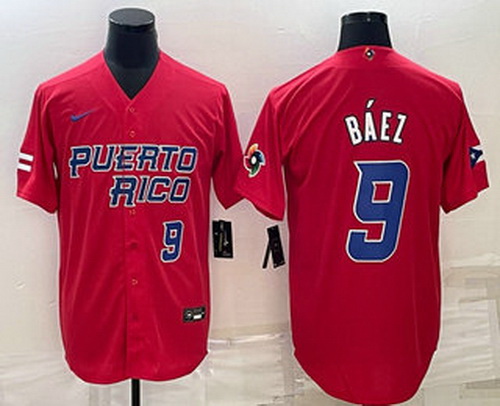 Men's Puerto Rico Baseball #9 Javier Baez Number 2023 Red World Baseball Classic Stitched Jersey