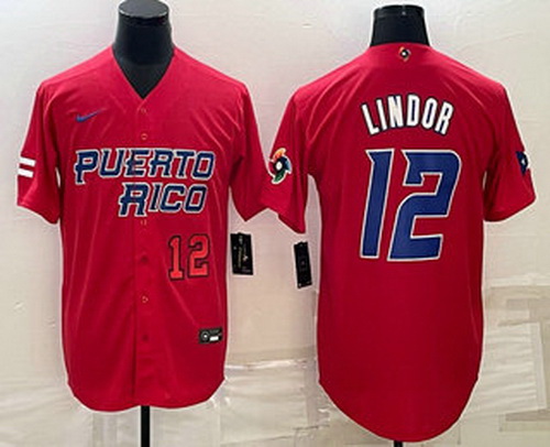 Mens Puerto Rico Baseball #12 Francisco Lindor Number 2023 Red World Baseball Classic Stitched Jerse