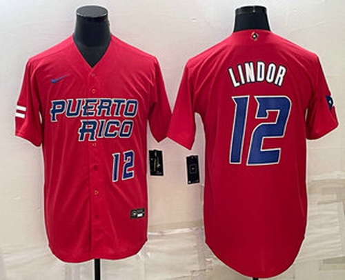 Men's Puerto Rico Baseball #12 Francisco Lindor Number 2023 Red World Baseball Classic Stitched Jers