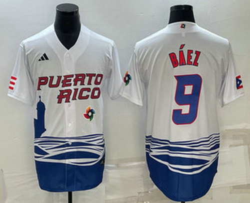 Men's Puerto Rico Baseball #9 Javier Baez White 2023 World Baseball Classic Stitched Jerseys