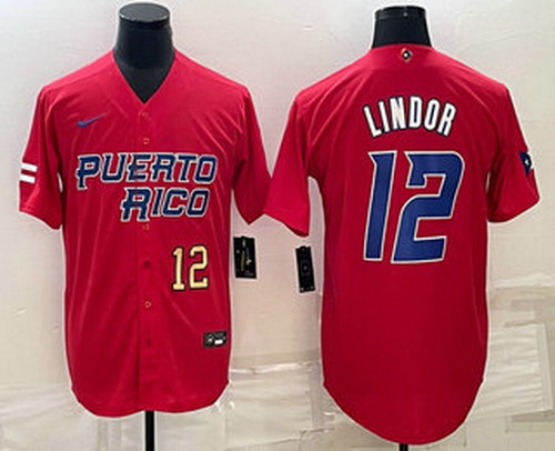 Men's Puerto Rico Baseball #12 Francisco Lindor Number 2023 Red World Baseball Classic Stitched Jers