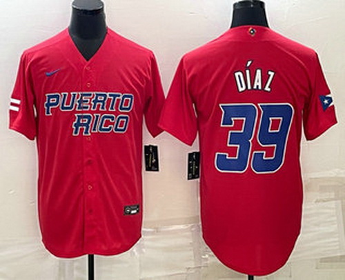 Men's Puerto Rico Baseball #39 Edwin Diaz 2023 Red World Baseball Classic Stitched Jersey