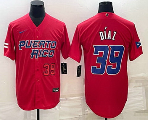 Men's Puerto Rico Baseball #39 Edwin Diaz Number 2023 Red World Baseball Classic Stitched Jersey