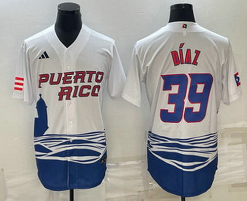 Men's Puerto Rico Baseball #39 Edwin Diaz 2023 White World Baseball Classic Stitched Jersey