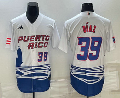 Mens Puerto Rico Baseball #39 Edwin Diaz Number 2023 White World Baseball Classic Stitched Jersey