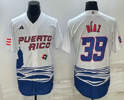 Men's Puerto Rico Baseball #39 Edwin Diaz 2023 White World Baseball Classic Stitched Jerseys