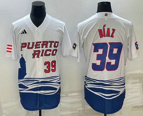 Men's Puerto Rico Baseball #39 Edwin Diaz Number 2023 White World Baseball Classic Stitched Jerseys