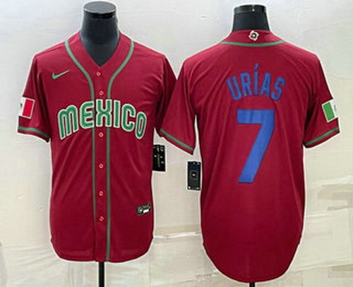 Mens Mexico Baseball #7 Julio Urias 2023 Red Blue World Baseball Classic Stitched Jersey