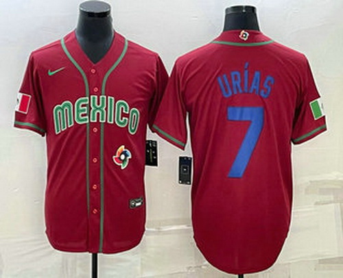 Men's Mexico Baseball #7 Julio Urias 2023 Red Blue World Baseball Classic Stitched Jerseys