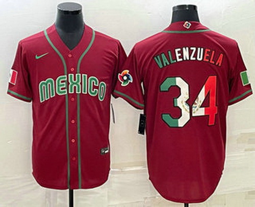 Men's Mexico Baseball #34 Fernando Valenzuela 2023 Red Blue World Baseball Classic Stitched Jerseys