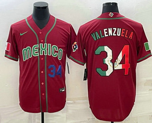 Men's Mexico Baseball #34 Fernando Valenzuela Number 2023 Red Blue World Baseball Classic Stitched J