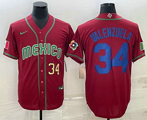 Men's Mexico Baseball #34 Fernando Valenzuela Number 2023 Red Blue World Baseball Classic Stitched J