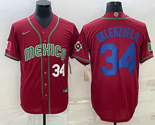 Men's Mexico Baseball #34 Fernando Valenzuela Number 2023 Red Blue World Baseball Classic Stitched J