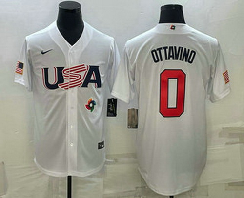 Men's USA Baseball #0 Adam Ottavino 2023 White World Baseball Classic Stitched Jersey