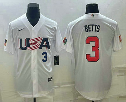 Men's USA Baseball #3 Mookie Betts Number 2023 White World Baseball Classic Replica Stitched Jerseys