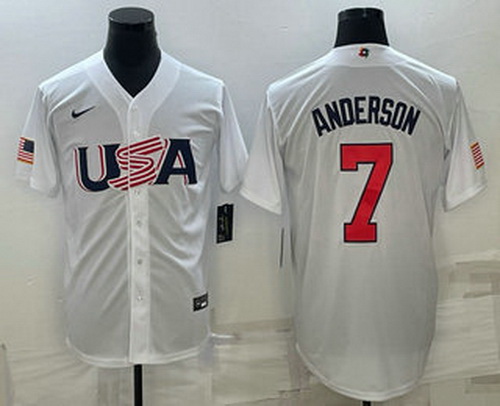 Men's USA Baseball #7 Tim Anderson 2023 White World Baseball Classic Stitched Jerseys