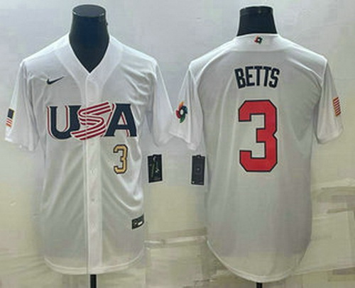 Men's USA Baseball #3 Mookie Betts Number 2023 White World Baseball Classic Replica Stitched Jersey