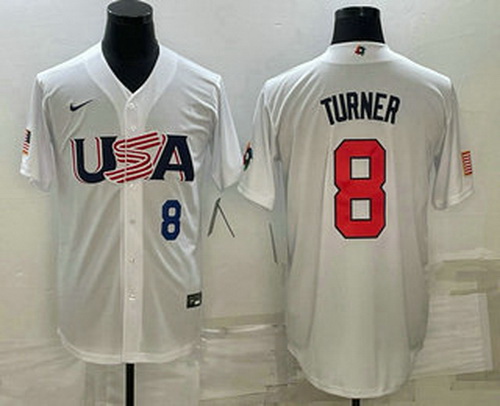 Men's USA Baseball #8 Trea Turner Number 2023 White World Baseball Classic Stitched Jersey