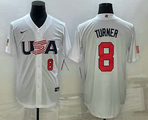 Mens USA Baseball #8 Trea Turner Number 2023 White World Baseball Classic Stitched Jersey