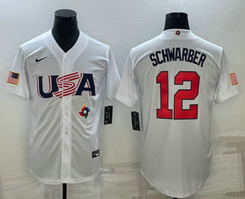 Men's USA Baseball #12 Kyle Schwarber 2023 White World Baseball Classic Stitched Jerseys