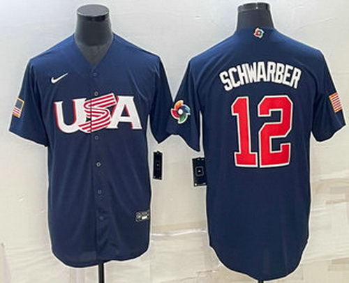 Men's USA Baseball #12 Kyle Schwarber 2023 Navy World Baseball Classic Stitched Jerseys