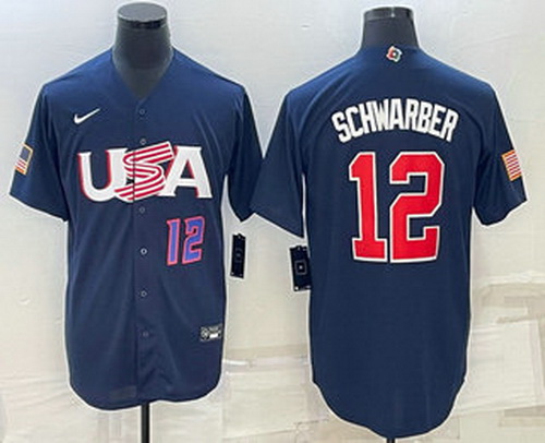 Men's USA Baseball #12 Kyle Schwarber Number 2023 Navy World Baseball Classic Stitched Jersey