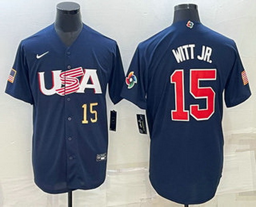 Men's USA Baseball #15 Bobby Witt Jr Number 2023 Navy World Baseball Classic Stitched Jersey