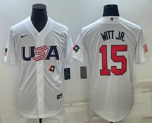 Men's USA Baseball #15 Bobby Witt Jr Number 2023 White World Baseball Classic Replica Stitched Jerse