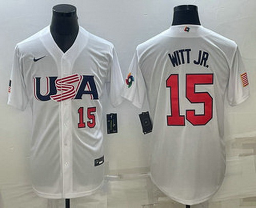 Men's USA Baseball #15 Bobby Witt Jr Number 2023 White World Baseball Classic Replica Stitched Jerse