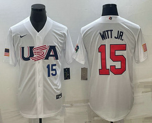 Men's USA Baseball #15 Bobby Witt Jr Number 2023 White World Baseball Classic Replica Stitched Jerse