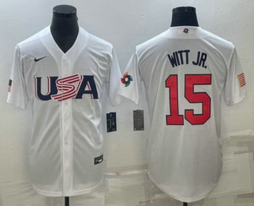 Men's USA Baseball #15 Bobby Witt Jr Number 2023 White World Baseball Classic Replica Stitched Jerse