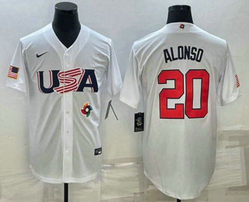 Men's USA Baseball #20 Pete Alonso 2023 White World Baseball Classic Stitched Jersey