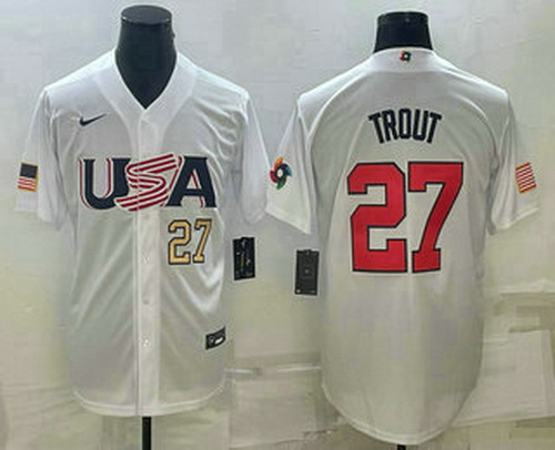 Men's USA Baseball #27 Mike Trout Number 2023 White World Baseball Classic Replica Stitched Jerseys