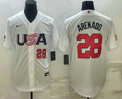 Men's USA Baseball #28 Nolan Arenado Number 2023 White World Baseball Classic Replica Stitched Jerse