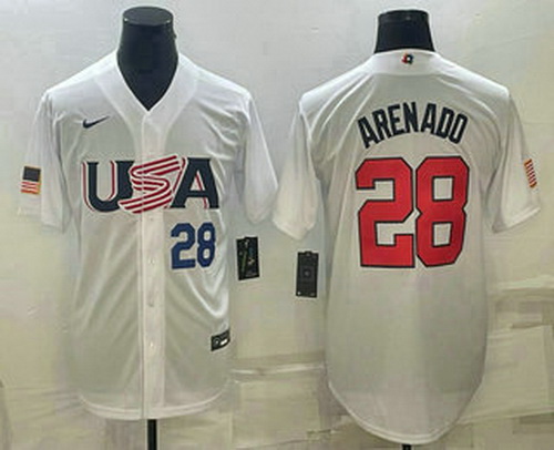 Men's USA Baseball #28 Nolan Arenado Number 2023 White World Baseball Classic Replica Stitched Jerse