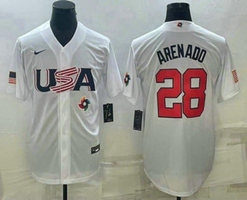 Men's USA Baseball #28 Nolan Arenado Number 2023 White World Baseball Classic Replica Stitched Jerse