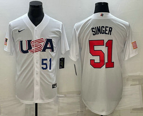 Mens USA Baseball #51 Brady Singer Number 2023 White World Baseball Classic Stitched Jersey