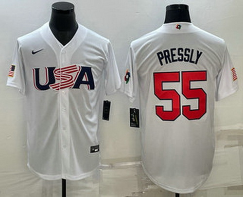 Men's USA Baseball #55 Ryan Pressly 2023 White World Baseball Classic Stitched Jerseys