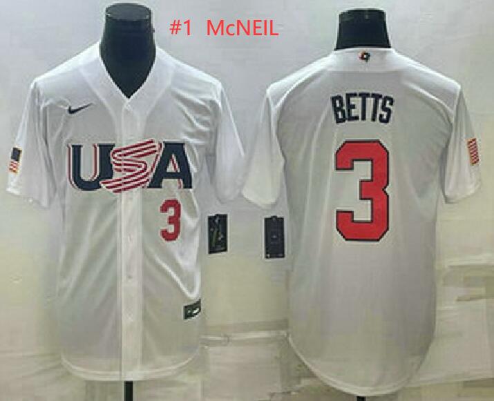 Mens USA Baseball #1 Jeff McNeil Number 2023 White World Baseball Classic Replica Stitched Jersey