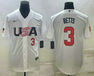 Mens USA Baseball #3 Mookie Betts Number 2023 White World Baseball Classic Replica Stitched Jersey 9