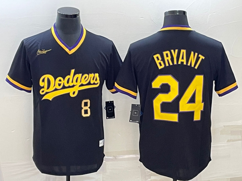 Men Los Angeles Dodgers Front 8 Back 24 Kobe Bryant Black Gold Stitched Jersey