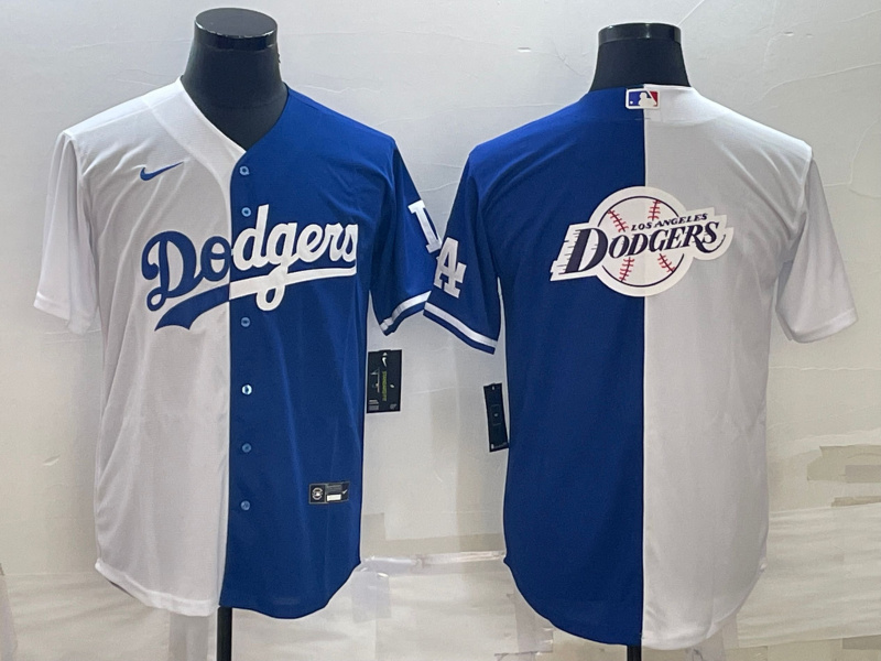 Men Los Angeles Dodgers White Blue Split Team Big Logo Cool Base Stitched Baseball Jersey