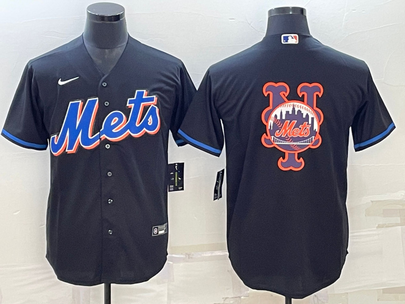 Men New York Mets Black Team Big Logo Cool Base Stitched Baseball Jersey