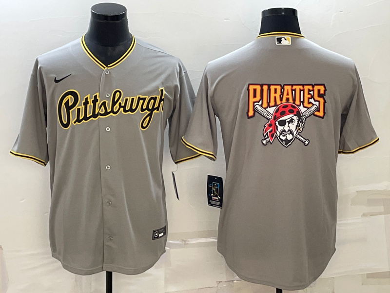 Men Pittsburgh Pirates Gray Team Big Logo Cool Base Stitched Baseball Jersey