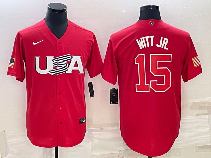 Men USA Baseball 15 Bobby Witt Jr  2023 Red World Baseball Classic Stitched Jersey