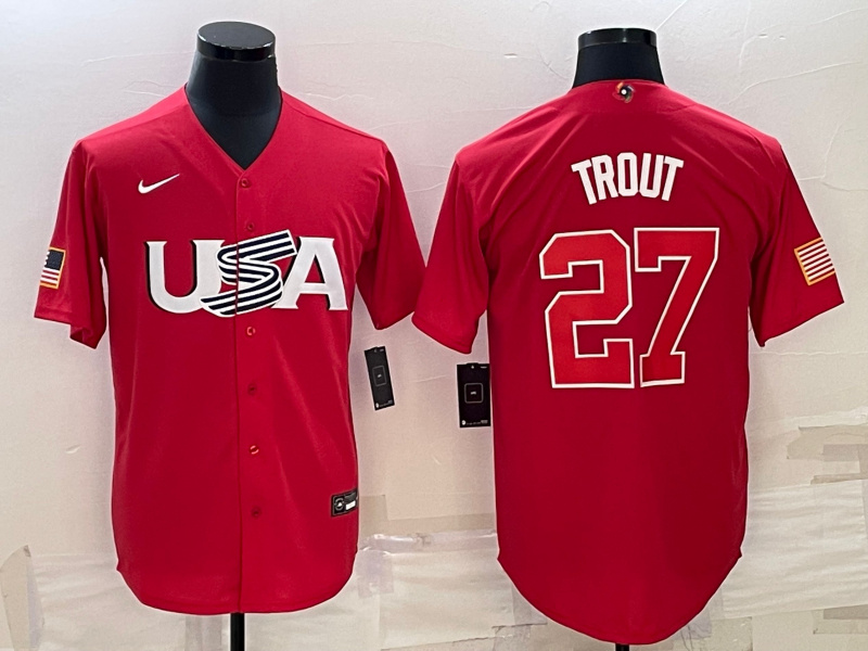 Men USA Baseball 27 Mike Trout 2023 Red World Baseball Classic Stitched Jersey