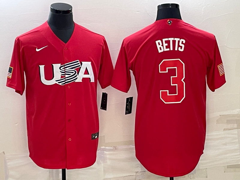 Men USA Baseball 3 Mookie Betts 2023 Red World Baseball Classic 