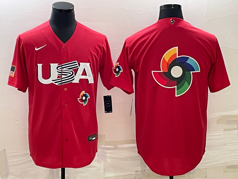 Men USA Baseball 2023 Red World Baseball Big Logo With Patch Classic Stitched Jersey