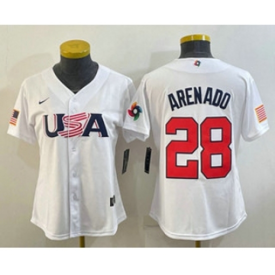 Womens USA Baseball 28 Nolan Arenado 2023 White World Classic Re