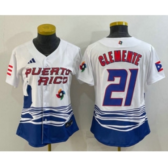 Womens Puerto Rico Baseball 21 Roberto Clemente 2023 White World Classic Stitched Jersey